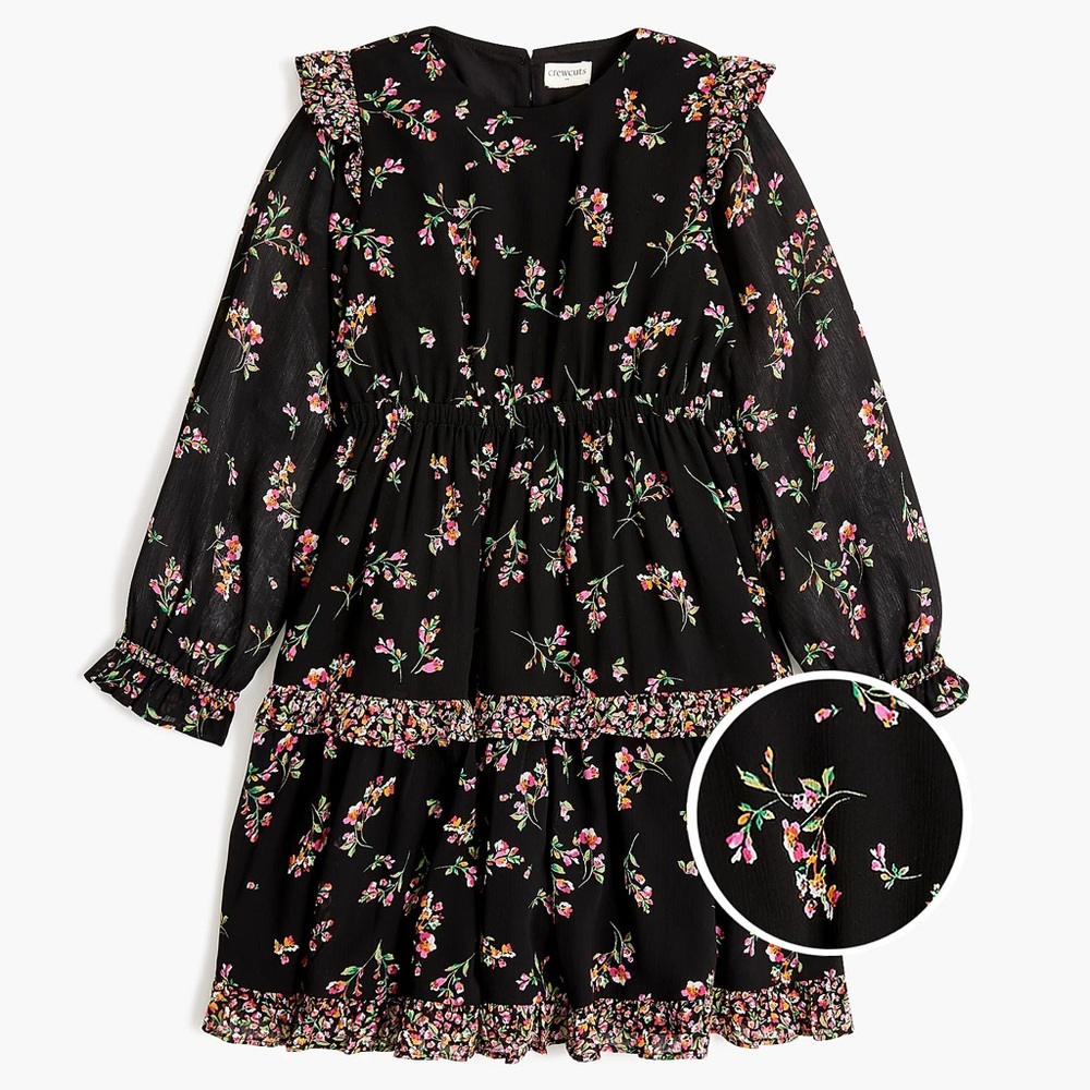 NEW J. CREW CREWCUTS GIRLS LONG SLEEVE FLORAL TIERED DRESS - BLACK - 14, XL
